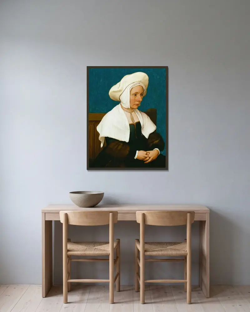 Porträtt av en kvinna av Hans Holbein The Younger inramad på en vägg