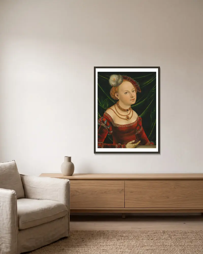 Porträt einer Frau von Lucas Cranach the Younger gerahmt an einer Wand