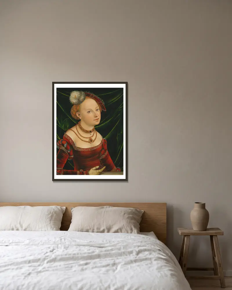 Porträt einer Frau von Lucas Cranach the Younger gerahmt an einer Wand