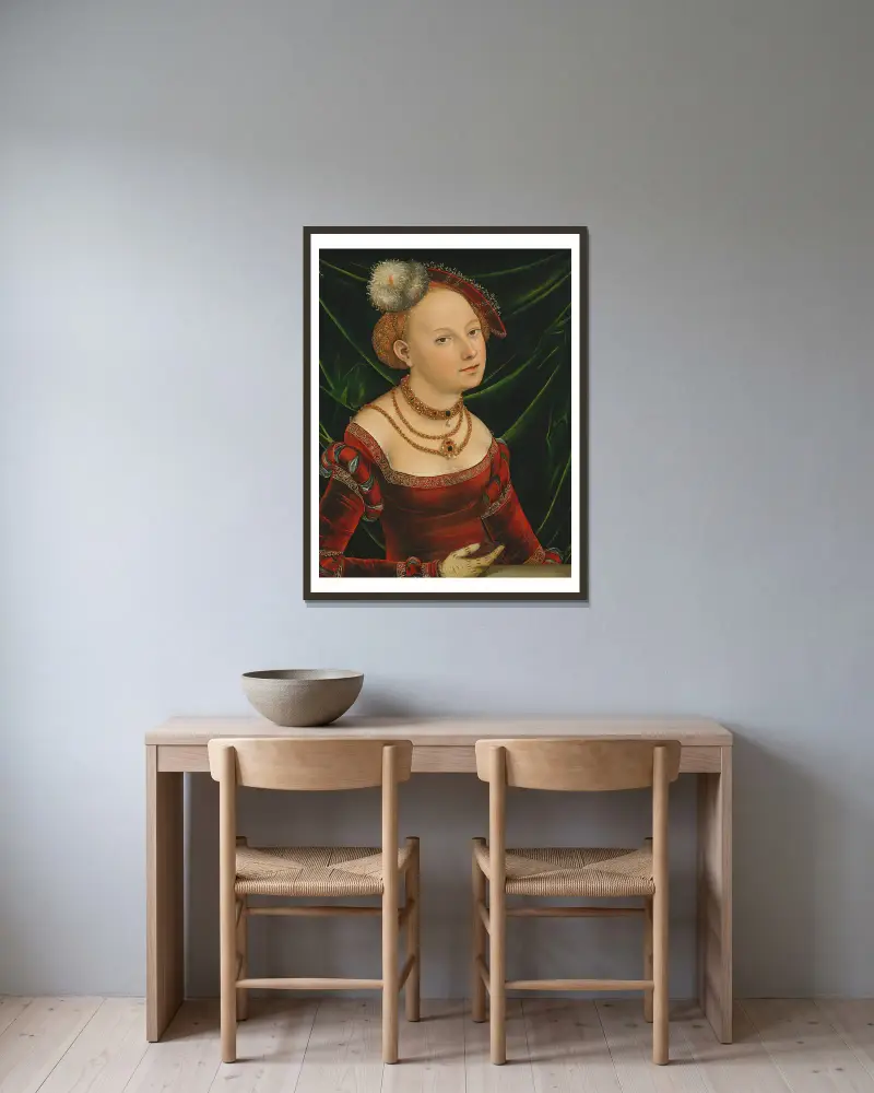 Porträt einer Frau von Lucas Cranach the Younger gerahmt an einer Wand