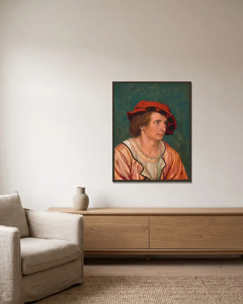 Porträtt av en ung man av Hans Holbein The Younger inramad på en vägg