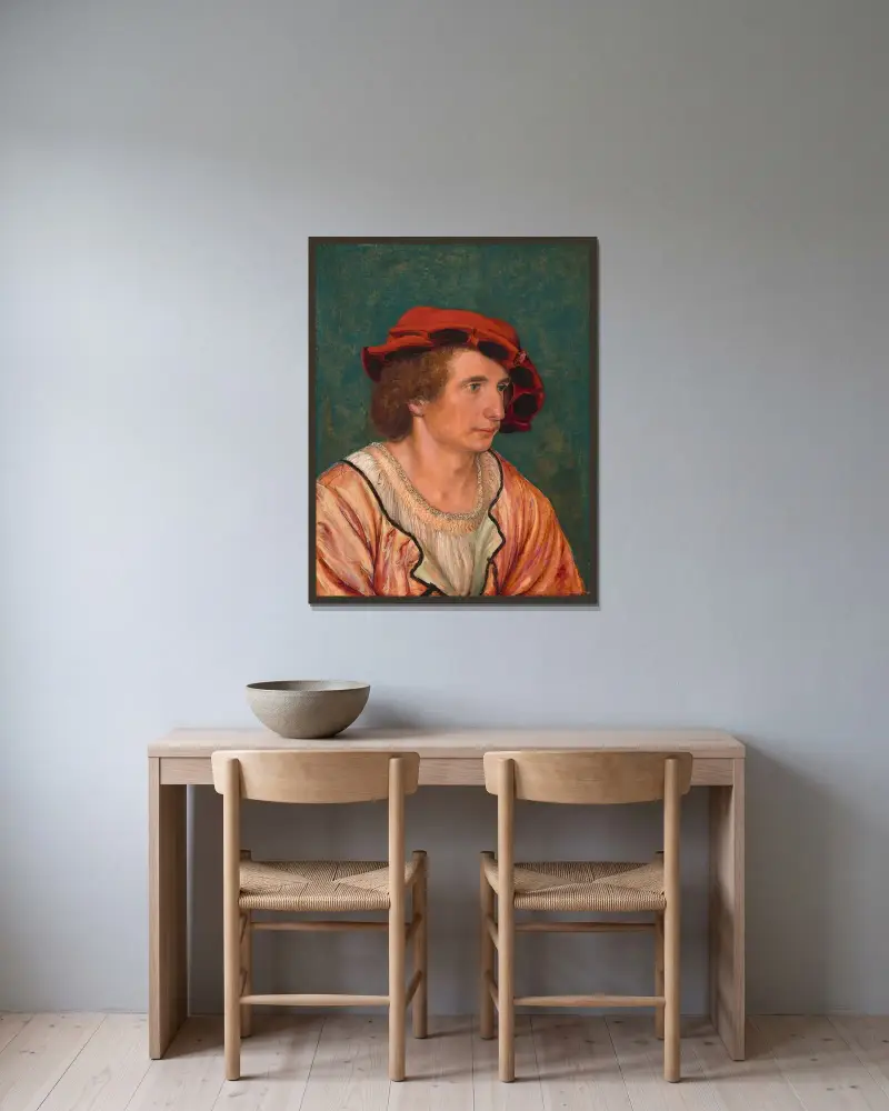 Porträtt av en ung man av Hans Holbein The Younger inramad på en vägg