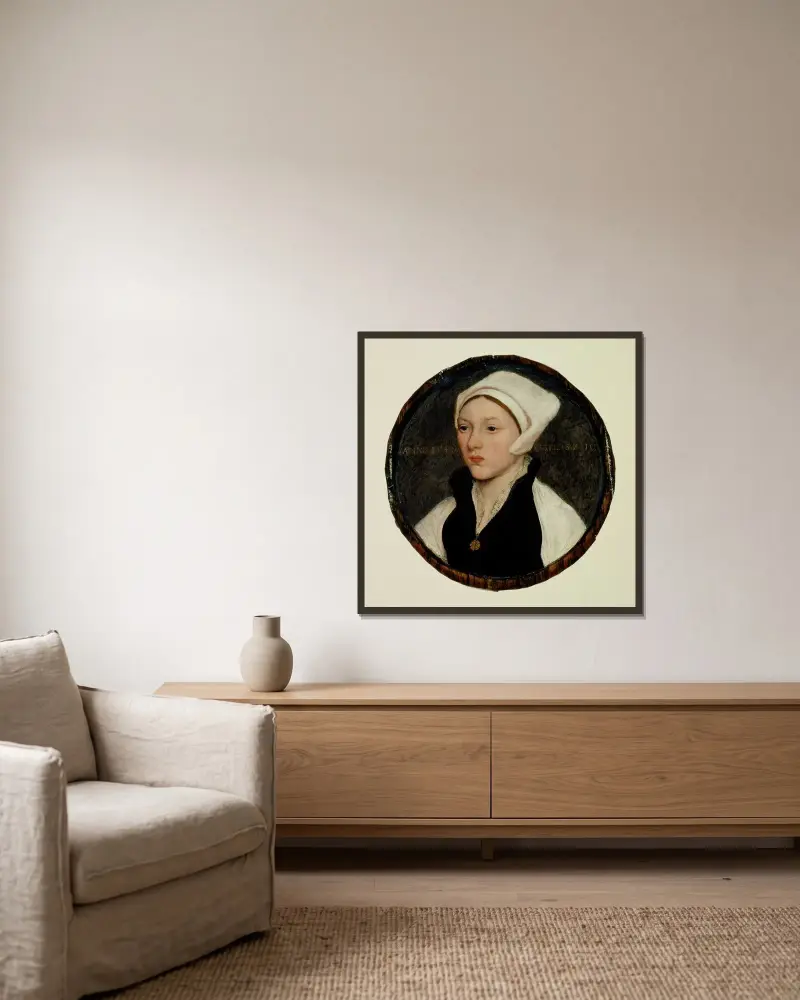 Porträtt av en ung kvinna med vit huvudbonad av Hans Holbein The Younger inramad på en vägg