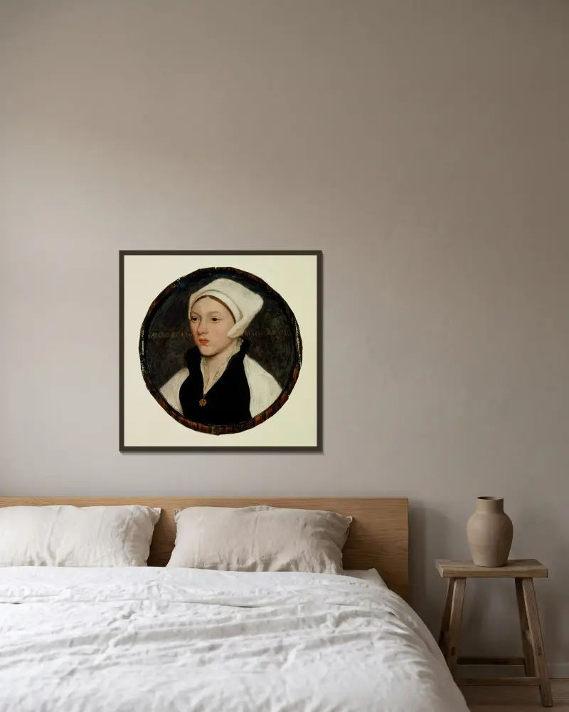 Porträtt av en ung kvinna med vit huvudbonad av Hans Holbein The Younger inramad på en vägg