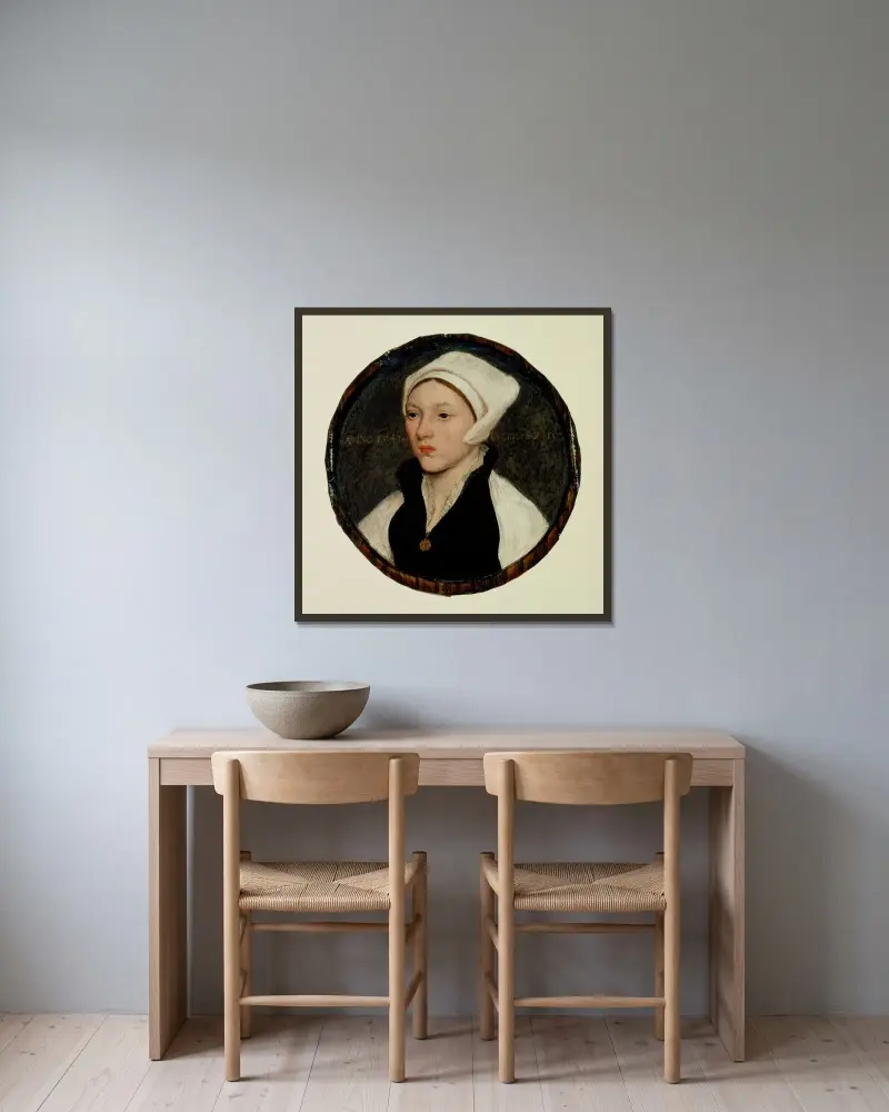 Porträtt av en ung kvinna med vit huvudbonad av Hans Holbein The Younger inramad på en vägg