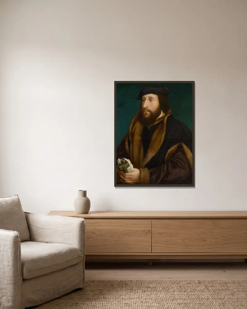 Porträtt av en engelsman eller skotte av Hans Holbein The Younger inramad på en vägg