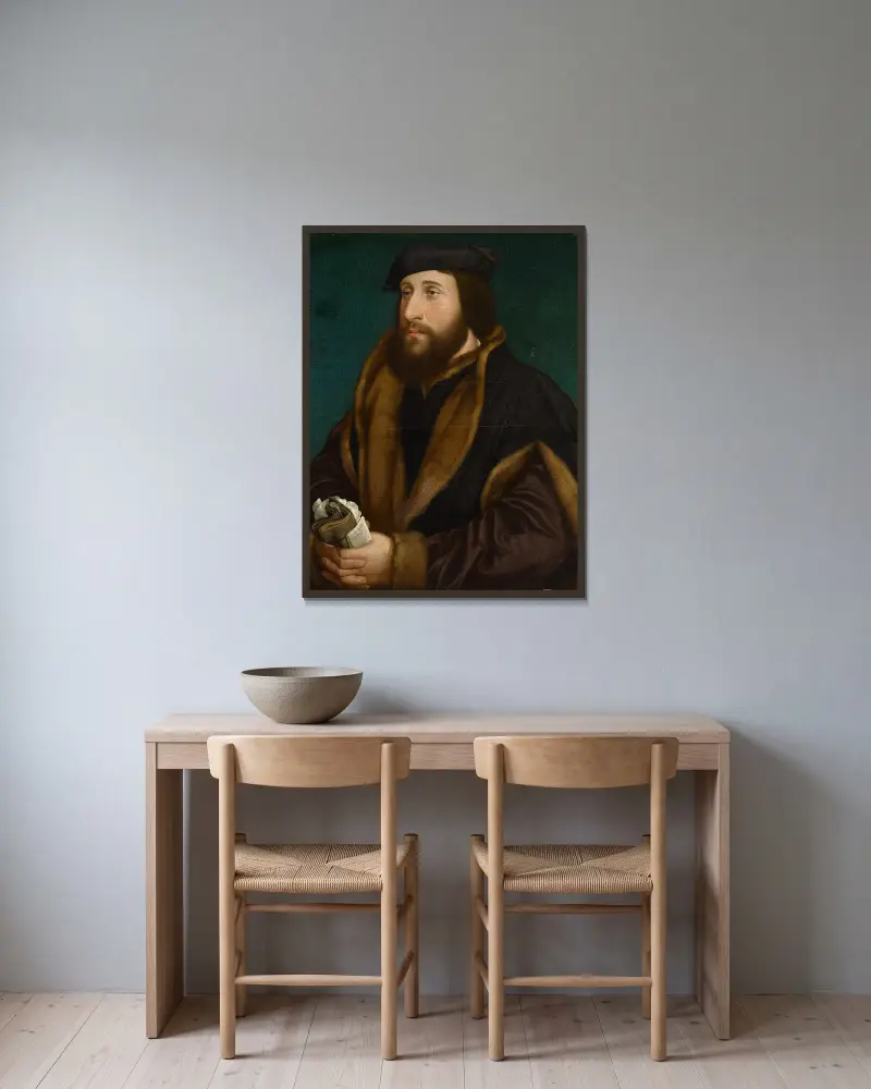 Porträtt av en engelsman eller skotte av Hans Holbein The Younger inramad på en vägg