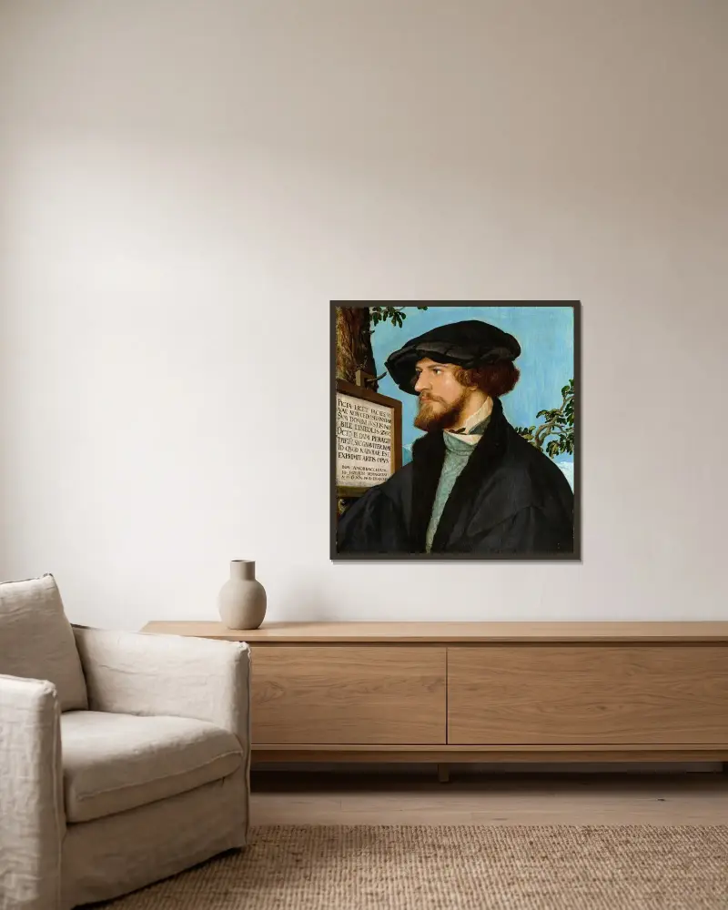 Porträtt av Bonifacius Amerbach av Hans Holbein The Younger inramad på en vägg