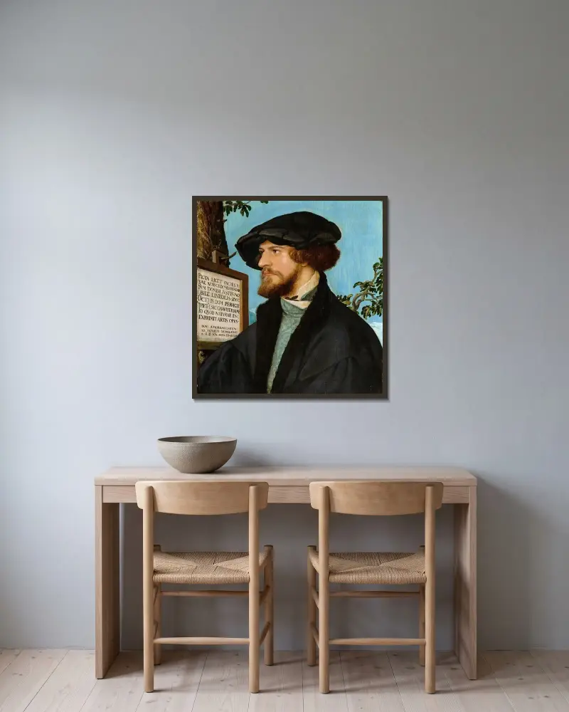 Porträtt av Bonifacius Amerbach av Hans Holbein The Younger inramad på en vägg