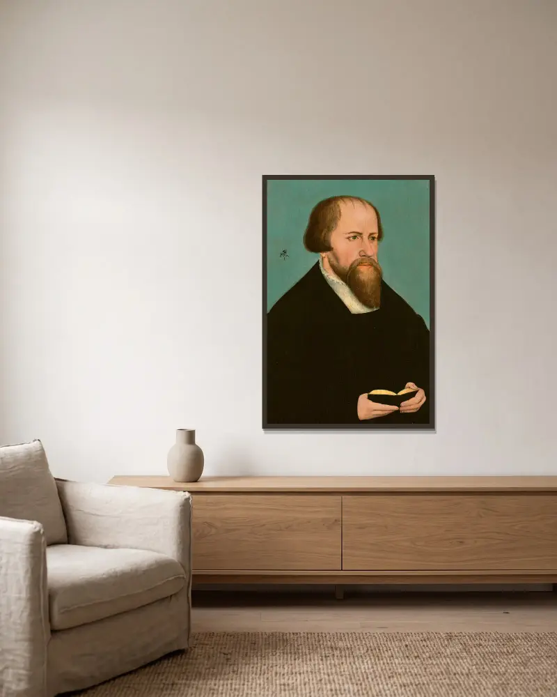 Porträtt av Caspar Cruciger av Lucas Cranach the Younger inramad på en vägg