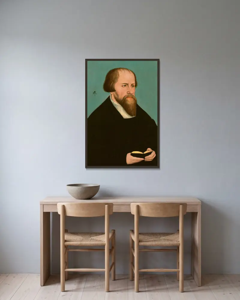 Porträtt av Caspar Cruciger av Lucas Cranach the Younger inramad på en vägg