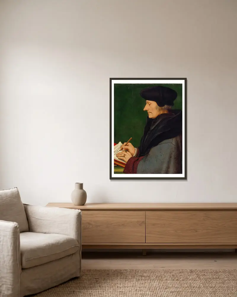 Porträt des Erasmus von Rotterdam schreibend von Hans Holbein The Younger gerahmt an einer Wand