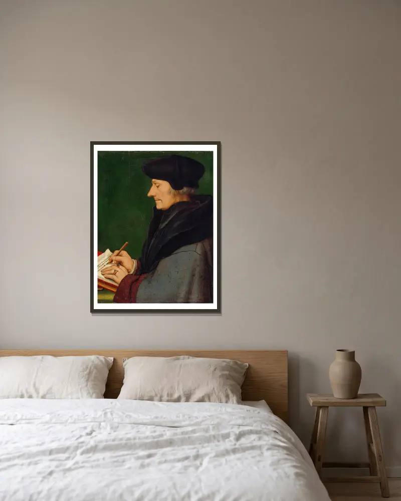 Porträt des Erasmus von Rotterdam schreibend von Hans Holbein The Younger gerahmt an einer Wand
