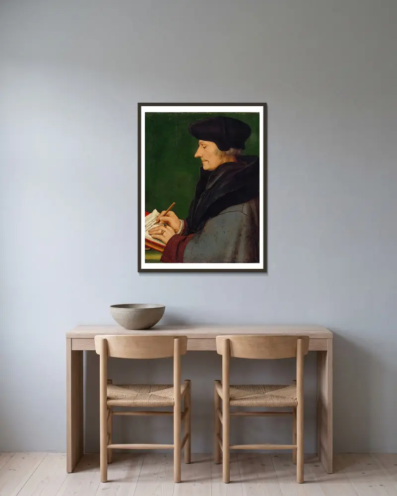 Porträt des Erasmus von Rotterdam schreibend von Hans Holbein The Younger gerahmt an einer Wand