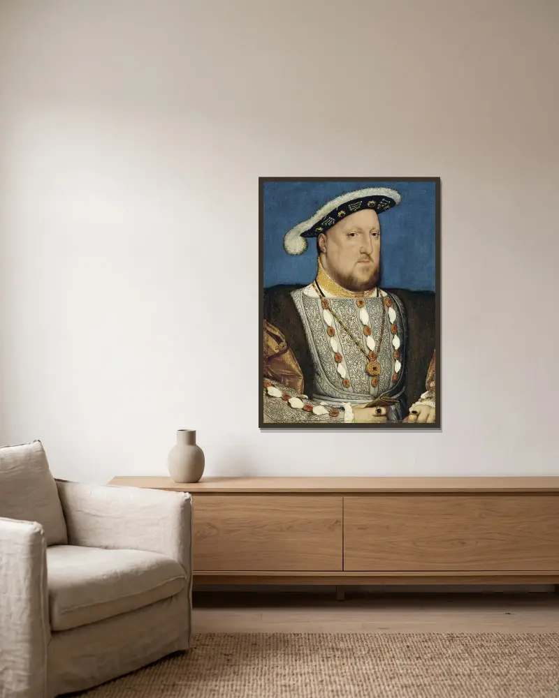 Porträtt av Henrik VIII av Hans Holbein The Younger inramad på en vägg