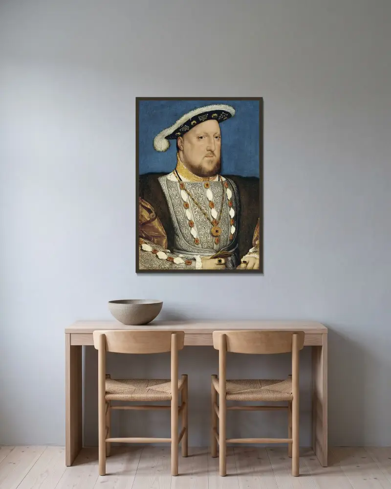 Porträtt av Henrik VIII av Hans Holbein The Younger inramad på en vägg