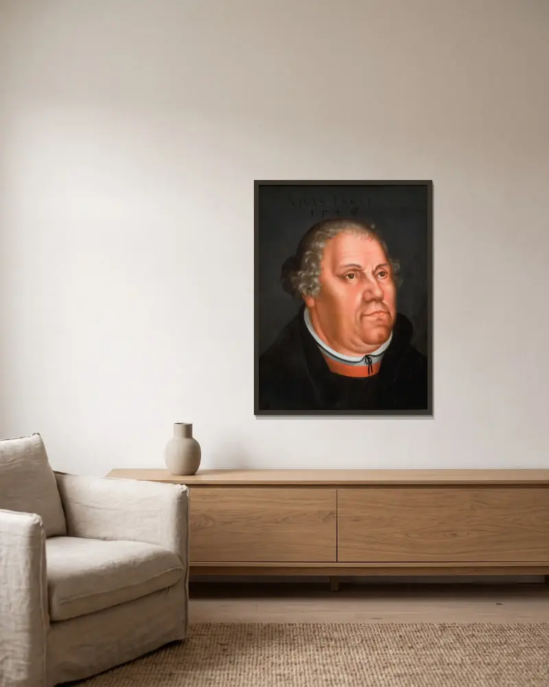 Porträtt av Martin Luther (1483–1546) – nr 1 av Lucas Cranach the Younger inramad på en vägg