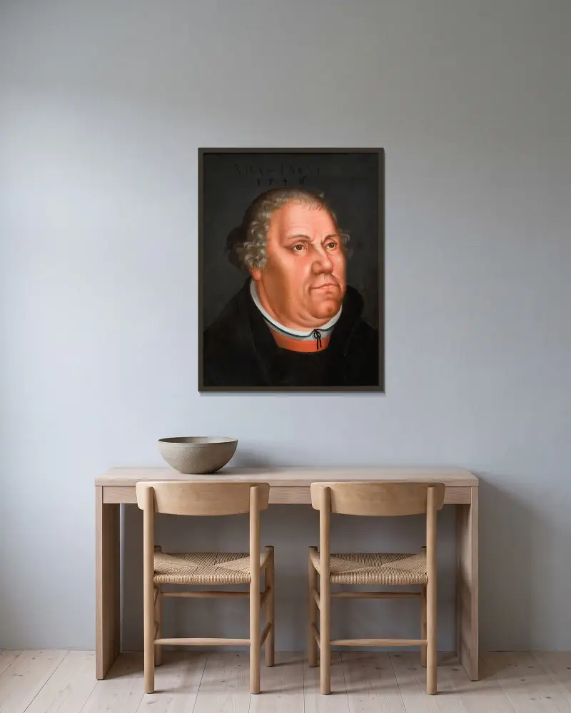 Porträtt av Martin Luther (1483–1546) – nr 1 av Lucas Cranach the Younger inramad på en vägg