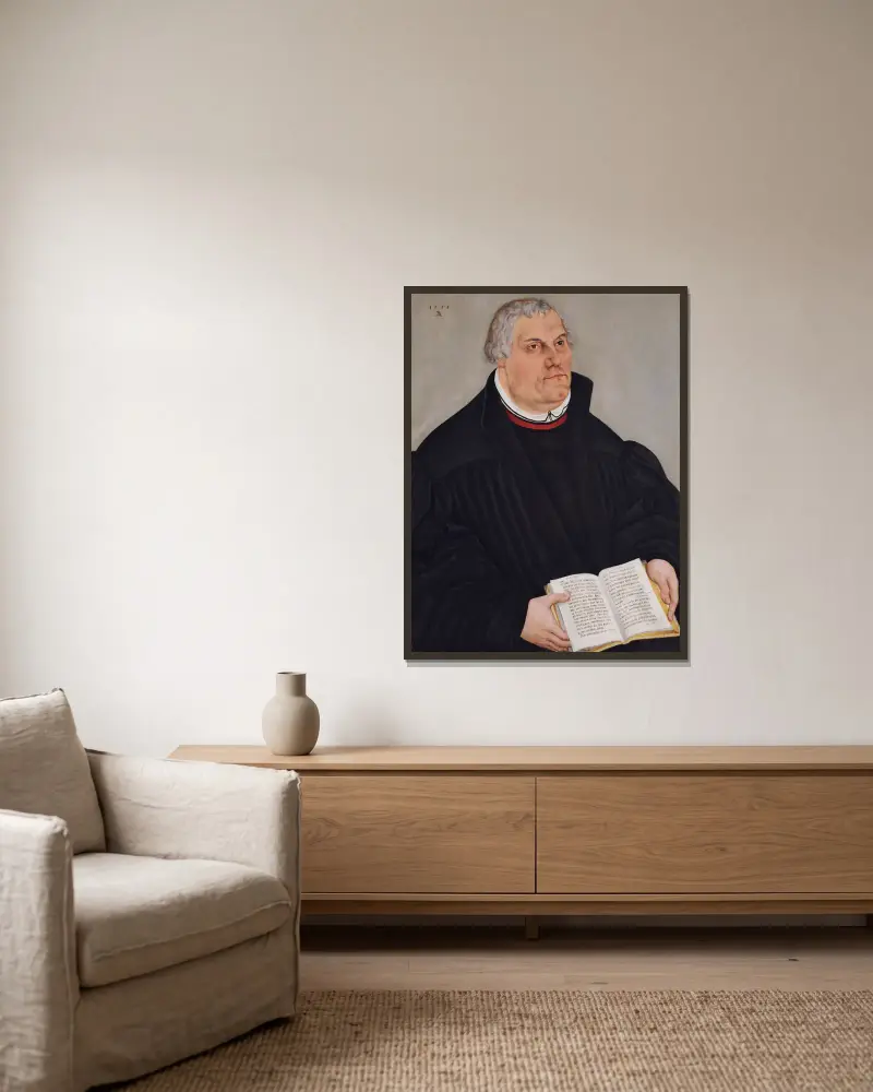 Porträtt av Martin Luther, 1559 av Lucas Cranach the Younger inramad på en vägg