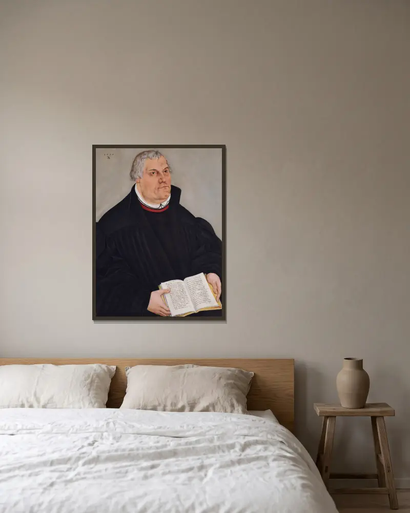 Porträtt av Martin Luther, 1559 av Lucas Cranach the Younger inramad på en vägg