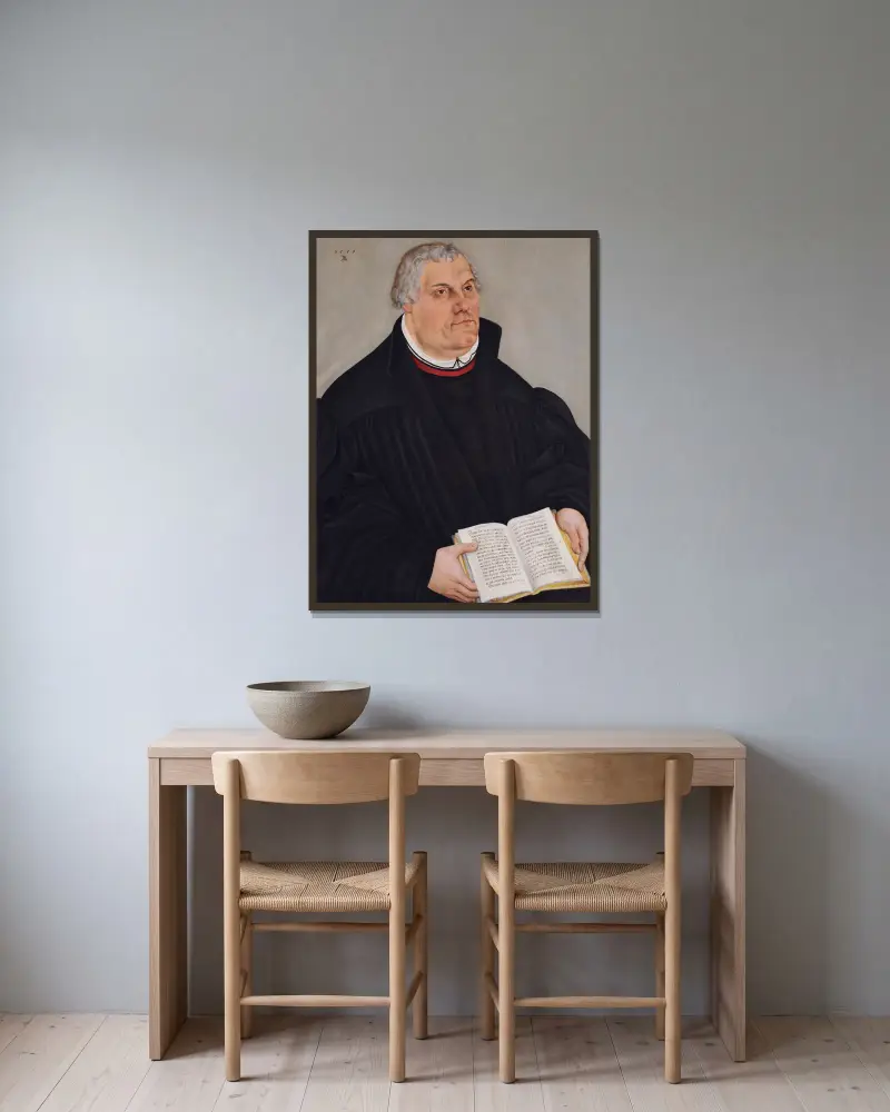 Porträtt av Martin Luther, 1559 av Lucas Cranach the Younger inramad på en vägg