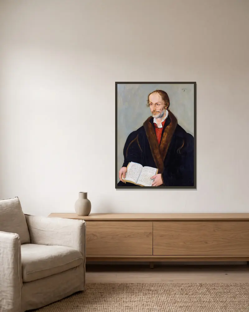 Porträtt av Philipp Melanchthon av Lucas Cranach the Younger inramad på en vägg