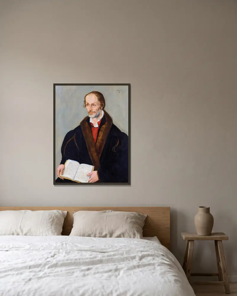 Porträtt av Philipp Melanchthon av Lucas Cranach the Younger inramad på en vägg