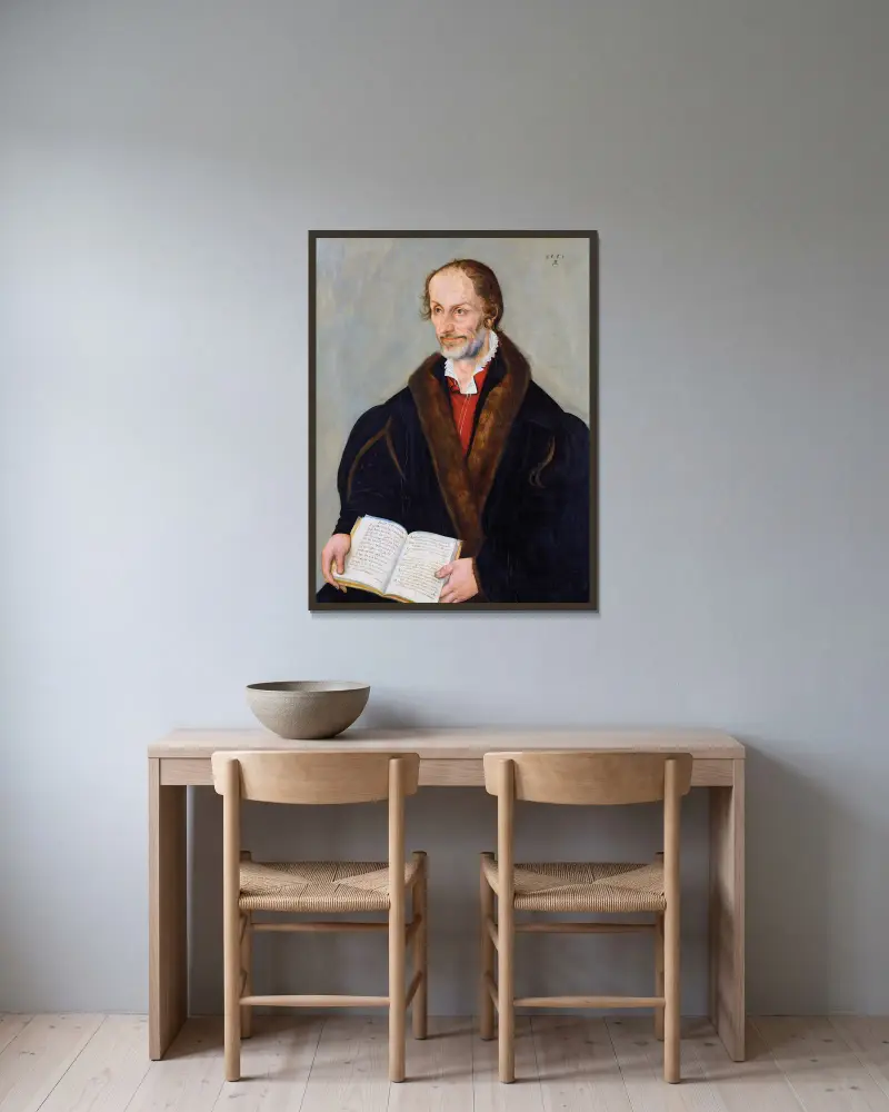 Porträtt av Philipp Melanchthon av Lucas Cranach the Younger inramad på en vägg