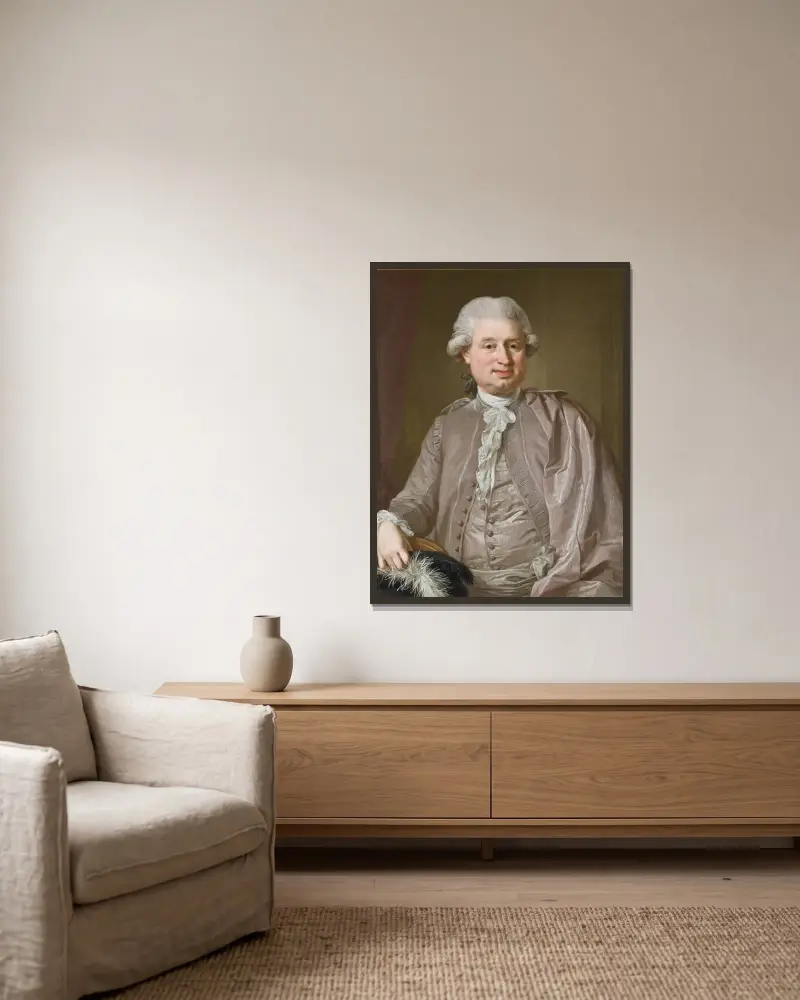 Porträtt av grosshandlaren Johan Fredrik Burghadi av Lorens Pasch the Younger inramad på en vägg