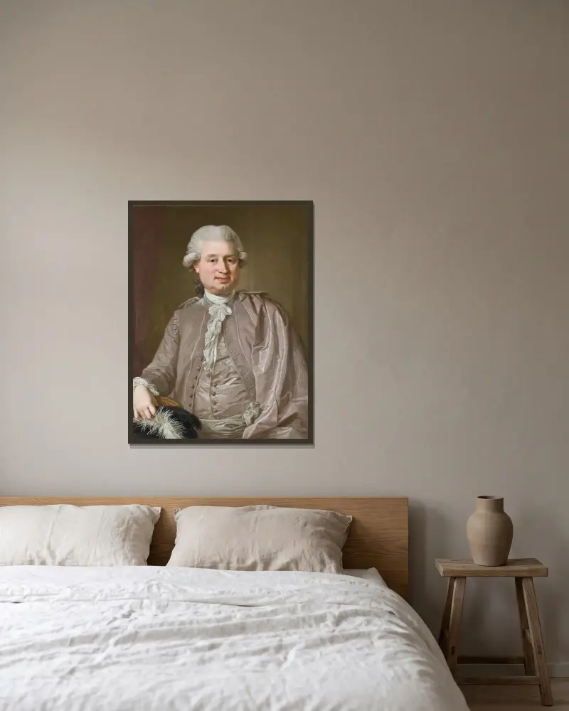 Porträtt av grosshandlaren Johan Fredrik Burghadi av Lorens Pasch the Younger inramad på en vägg