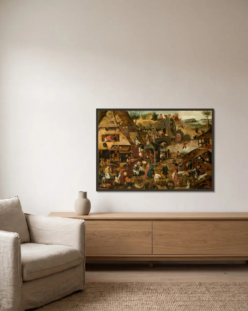Proverbs av Pieter Brueghel The Younger inramad på en vägg