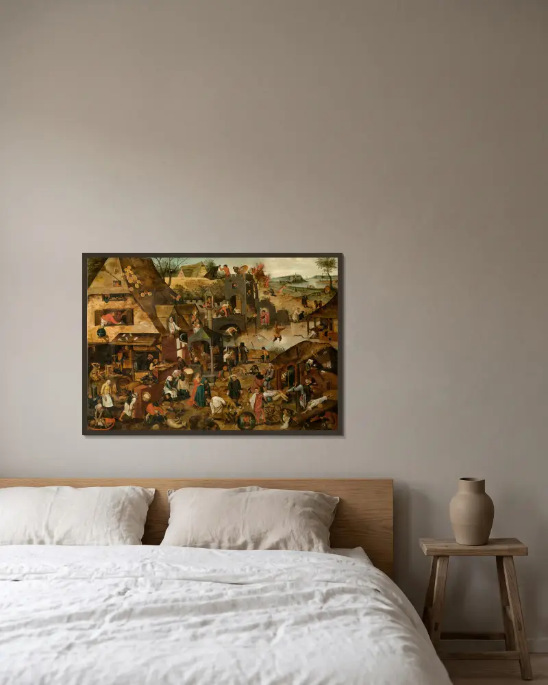 Proverbs av Pieter Brueghel The Younger inramad på en vägg