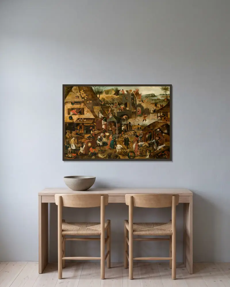 Proverbs av Pieter Brueghel The Younger inramad på en vägg