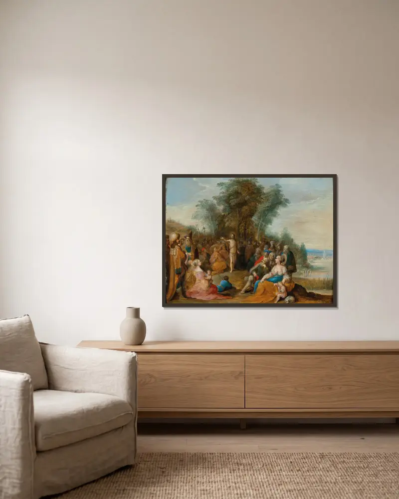 Johannes Döparen predikar i öknen av Frans Francken the Younger inramad på en vägg