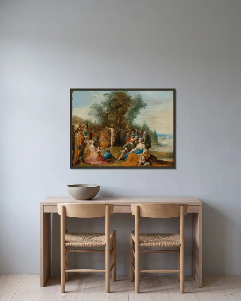 Johannes Döparen predikar i öknen av Frans Francken the Younger inramad på en vägg