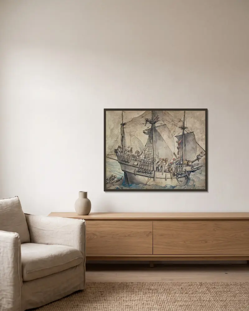Schiff mit jubelnden Seeleuten, Landsknechten und einer Marketenderin von Hans Holbein The Younger gerahmt an einer Wand