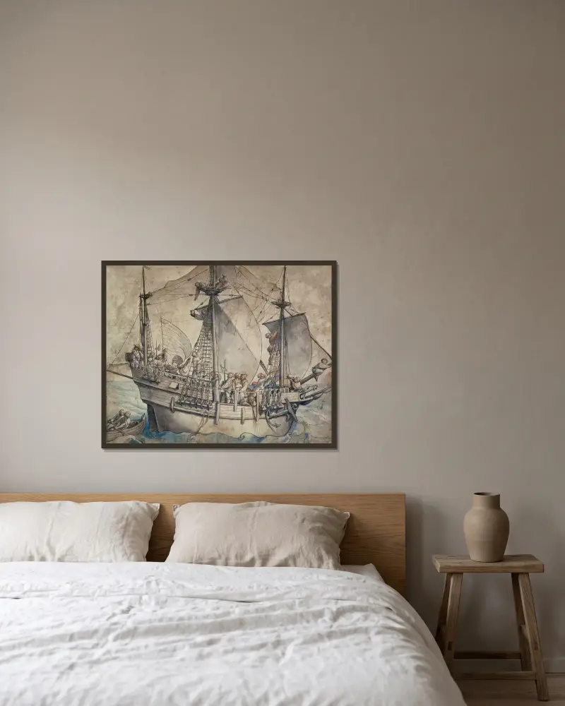 Schiff mit jubelnden Seeleuten, Landsknechten und einer Marketenderin von Hans Holbein The Younger gerahmt an einer Wand