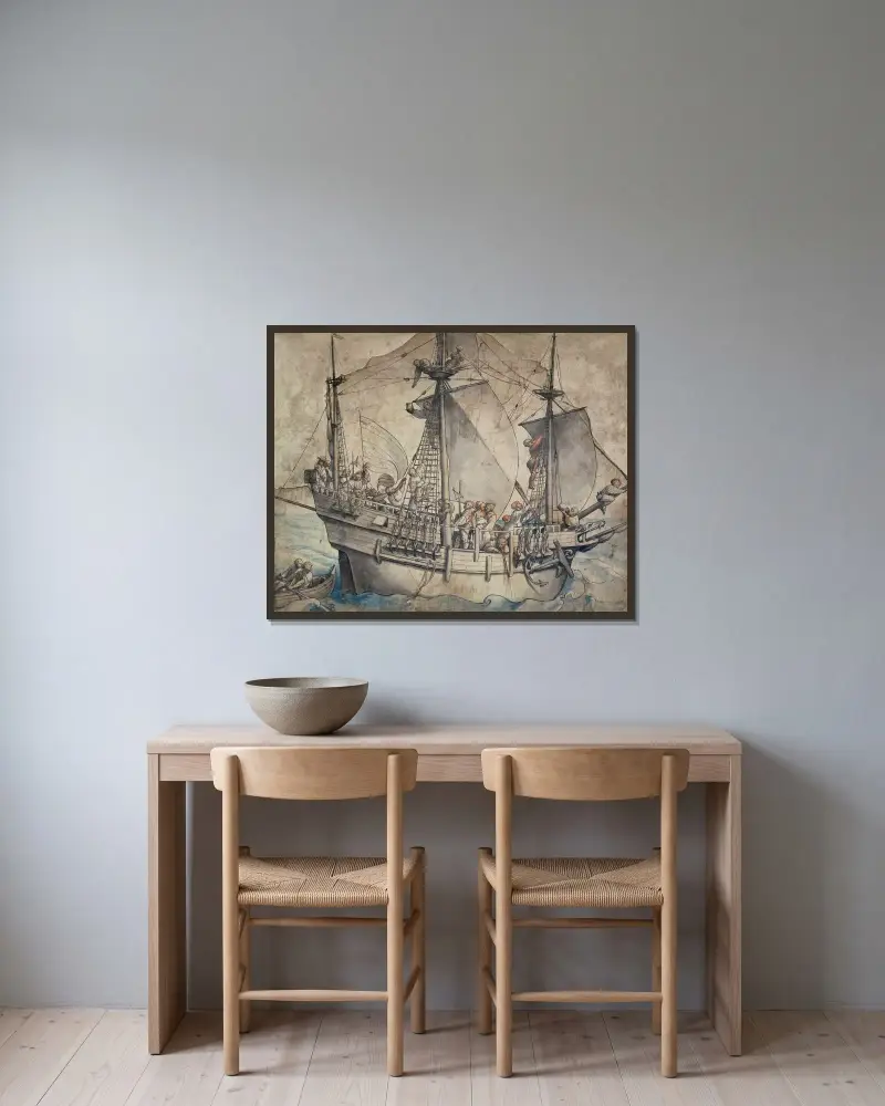 Schiff mit jubelnden Seeleuten, Landsknechten und einer Marketenderin von Hans Holbein The Younger gerahmt an einer Wand