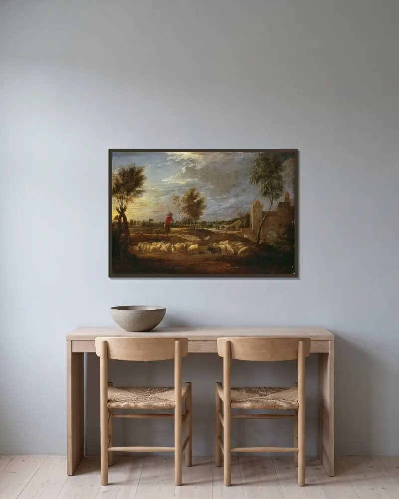 Solnedgångslandskap med herde och hans flock av David Teniers The Younger inramad på en vägg