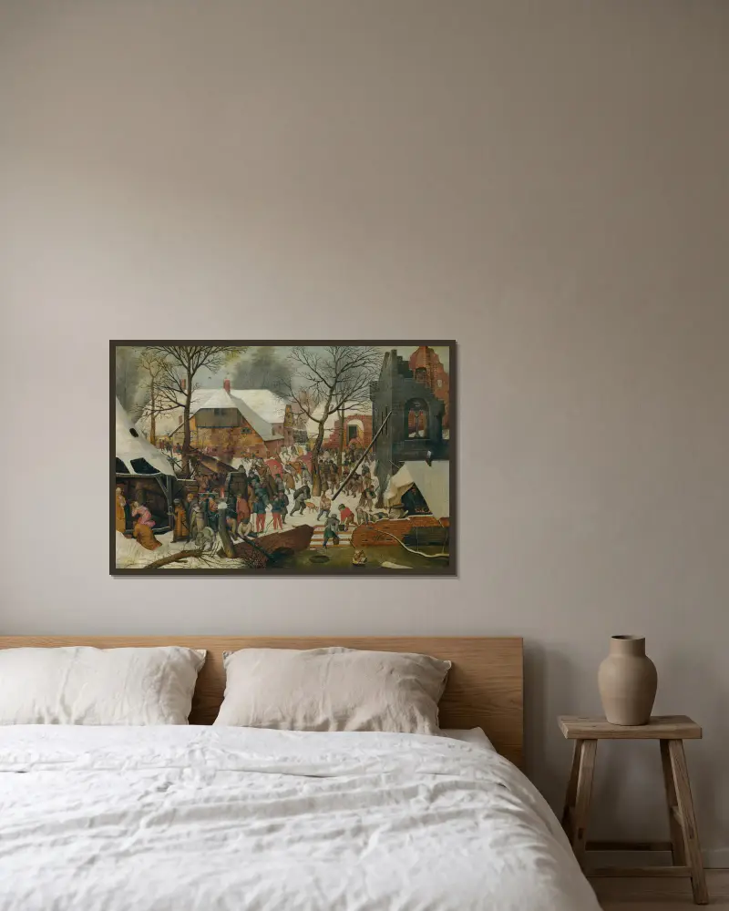 Konungarnas tillbedjan i snön av Pieter Brueghel The Younger inramad på en vägg