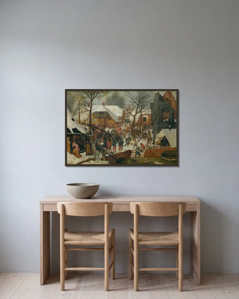 Konungarnas tillbedjan i snön av Pieter Brueghel The Younger inramad på en vägg