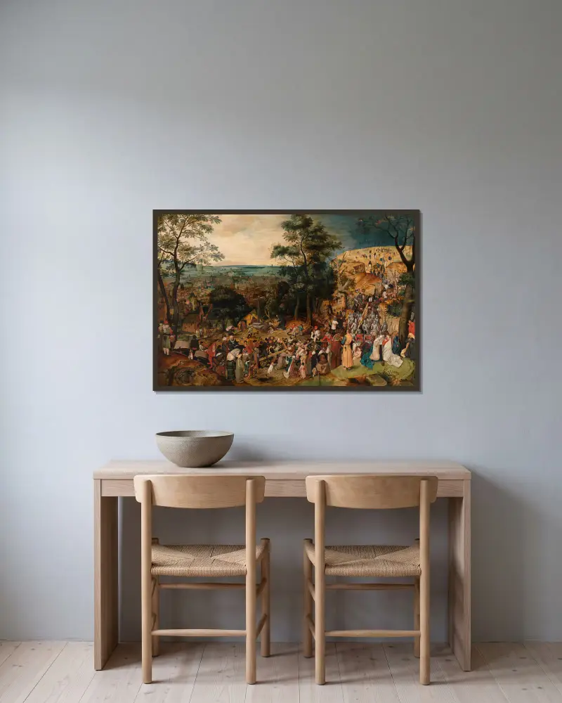 Korsbärandet av Pieter Brueghel The Younger inramad på en vägg