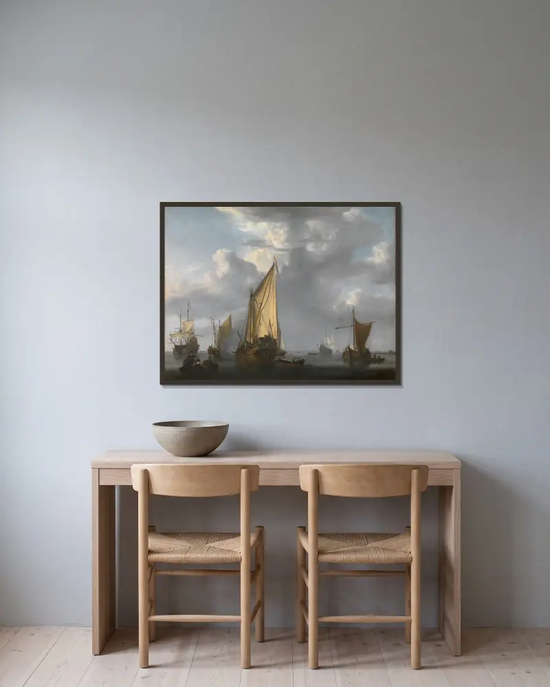 The Canon Shot av Willem van de Velde the Younger inramad på en vägg