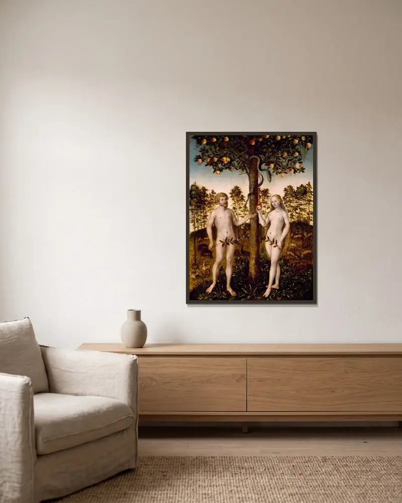 Der Sündenfall von Lucas Cranach the Younger gerahmt an einer Wand