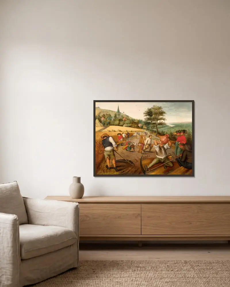 Skörden, allegori över sommaren av Pieter Brueghel The Younger inramad på en vägg