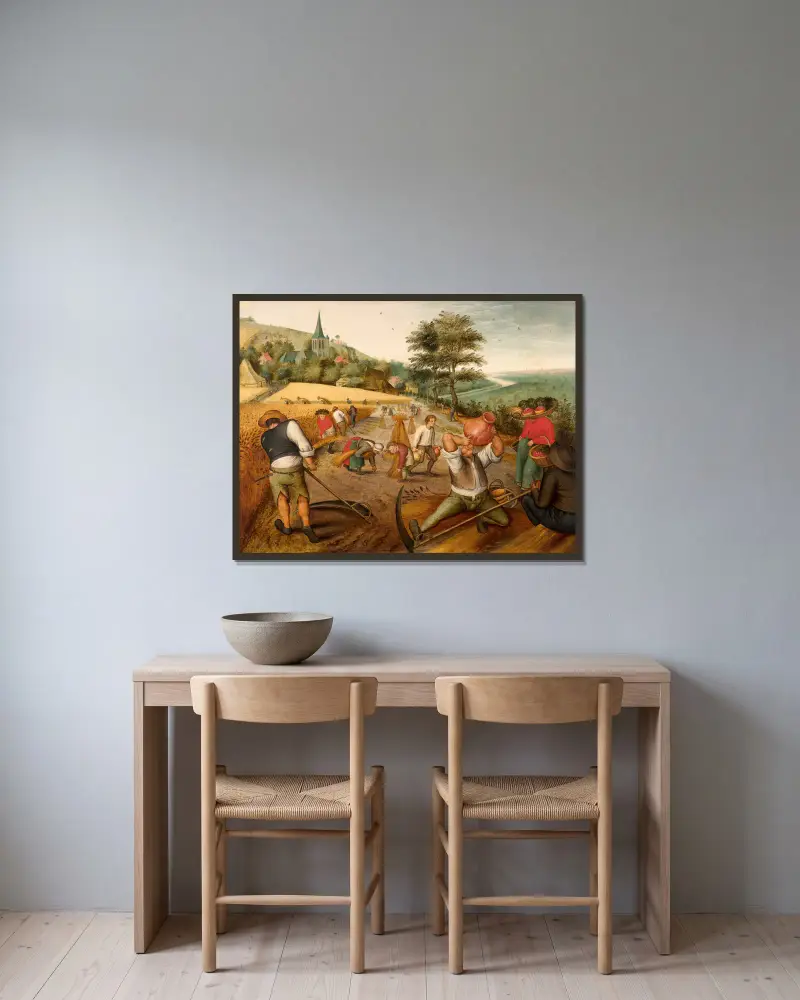 Skörden, allegori över sommaren av Pieter Brueghel The Younger inramad på en vägg