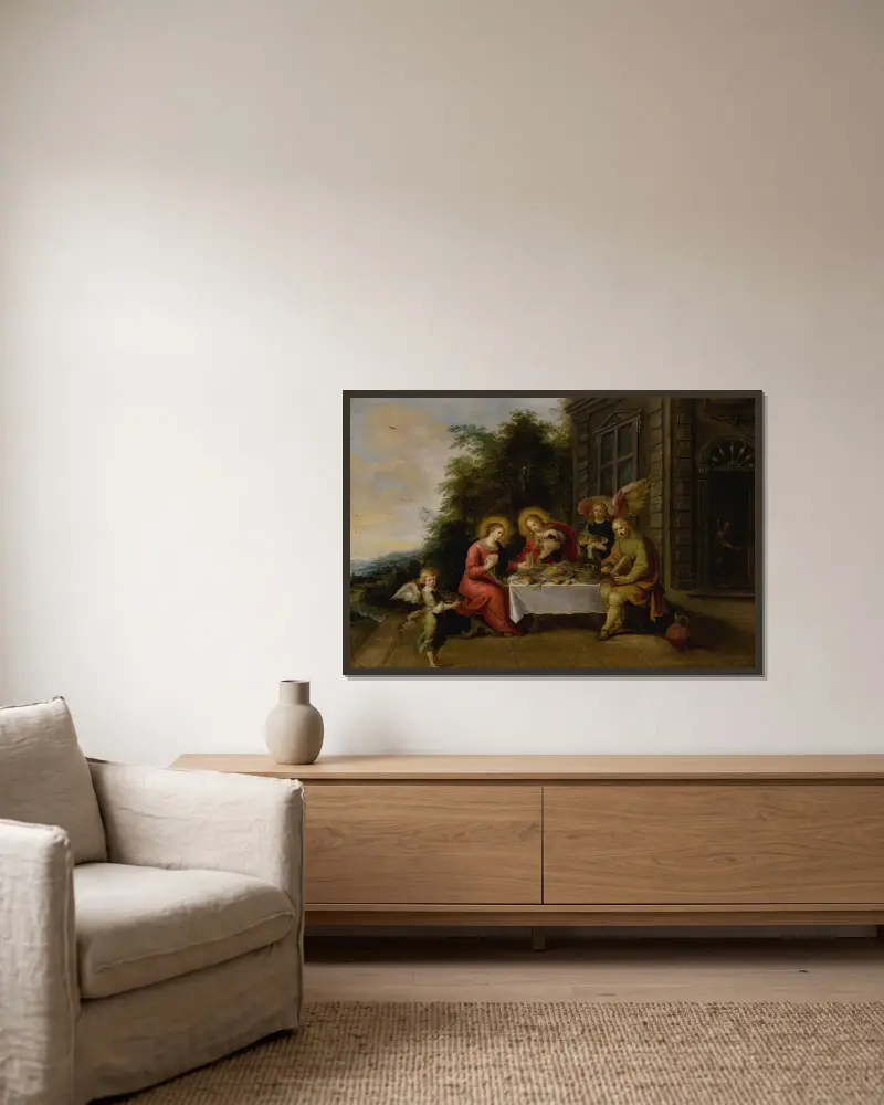 Den heliga familjen äter utomhus betjänade av änglar av Frans Francken the Younger inramad på en vägg
