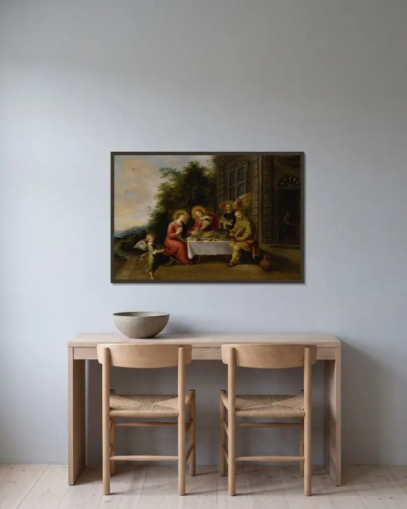 Den heliga familjen äter utomhus betjänade av änglar av Frans Francken the Younger inramad på en vägg