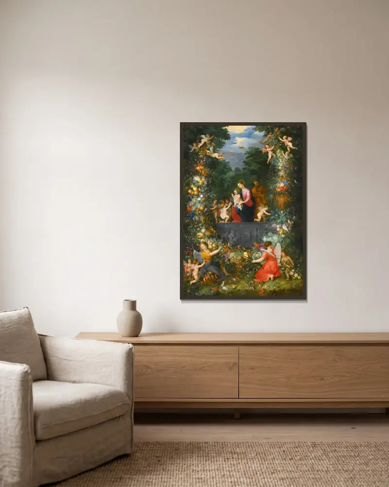 Den heliga familjen i en krans av frukt, blommor och grönsaker hållen av änglar av Jan Brueghel the Younger inramad på en vägg