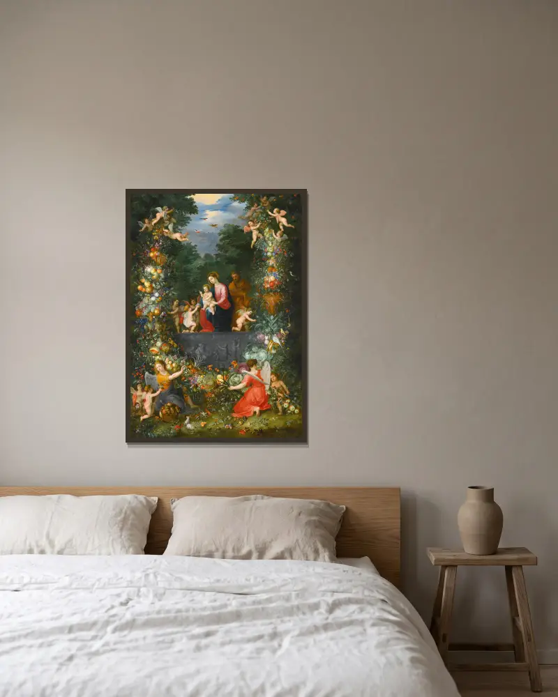 Den heliga familjen i en krans av frukt, blommor och grönsaker hållen av änglar av Jan Brueghel the Younger inramad på en vägg